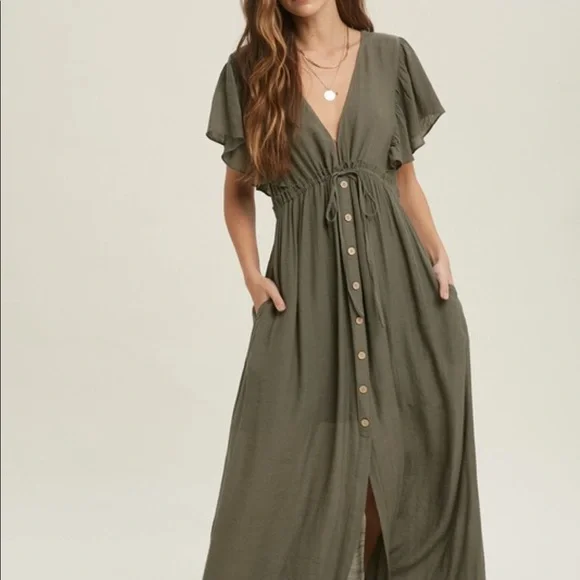 New Bohemian Long Olive Maxi Summer Dress Ruffled Sleeves - Picture 3 of 5